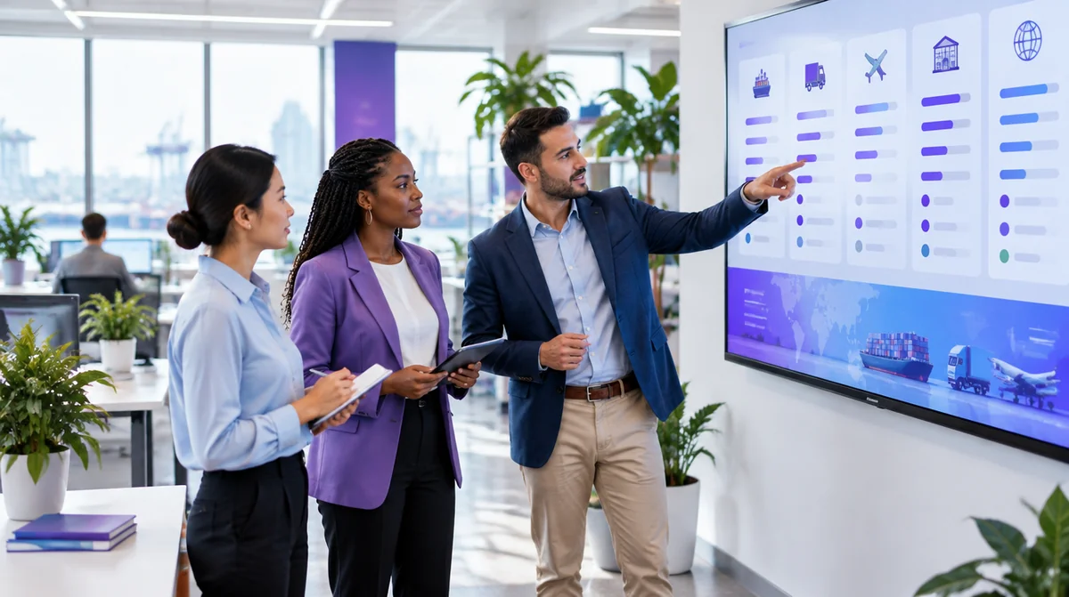 Équipe d'un transitaire devant un tableau de suivi des clients