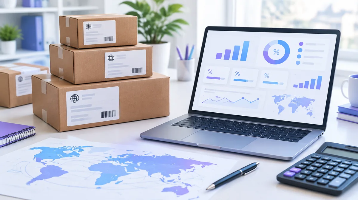 Colis prêts à l'export, carte du monde et tableau de bord des coûts à l'importation