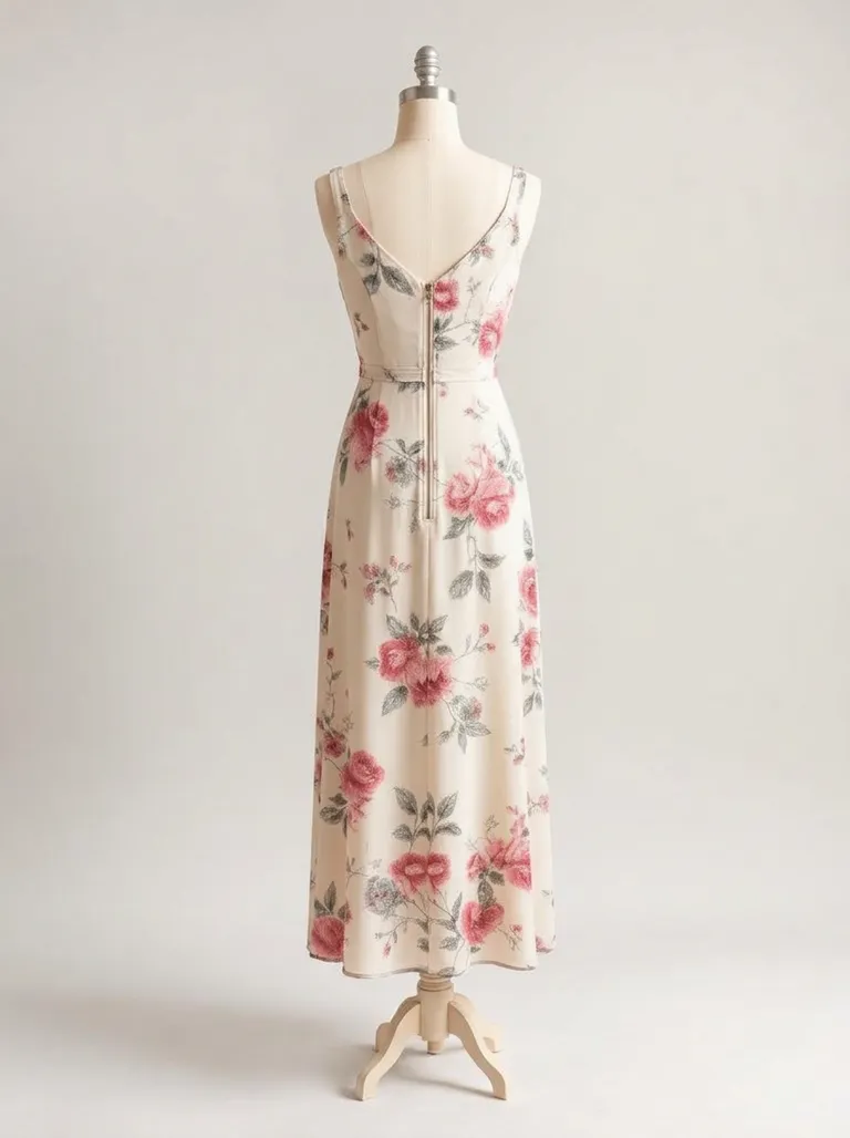 Robe longue évasée à imprimé floral rose sur fond crème, vue de dos sur mannequin, glissière centrale visible au dos