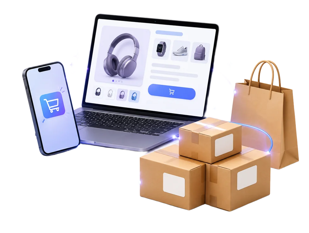 Boutique en ligne sur ordinateur et téléphone, colis prêts à l'expédition